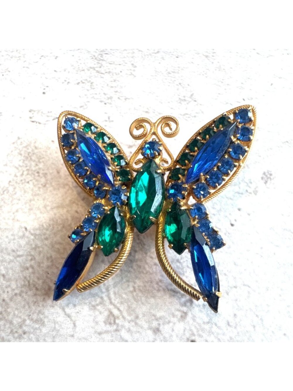 Vintage Juliana Blue and Green Rhinestone on Gold Butterfly Pin Brooch